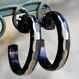 Vintage 1980s Black Plastic Hoop Earrings Faceted Retro Old Stock NOS Jewelry